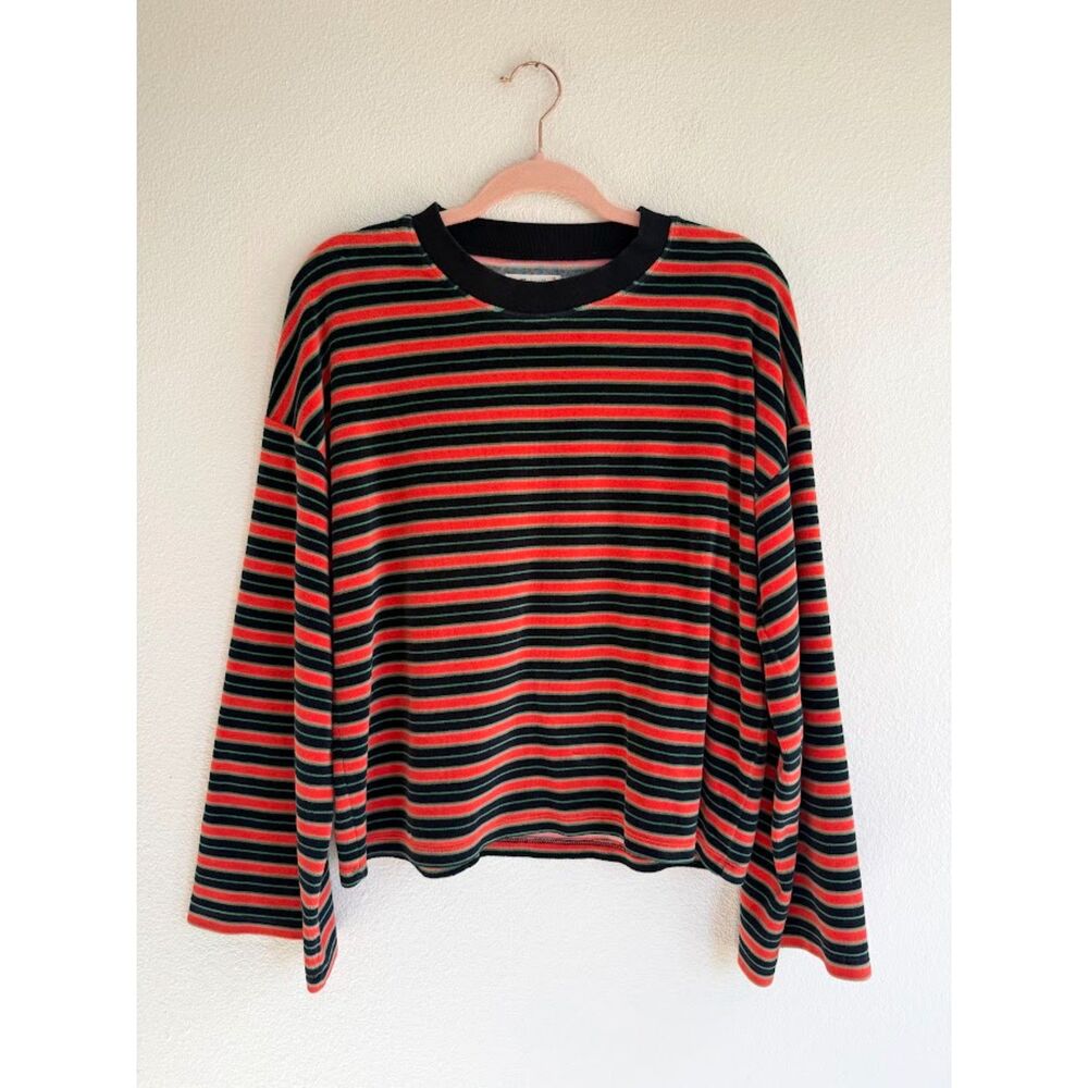 Madewell Striped Velour Pullover with Bell Sleeves in Black Red & Green size M